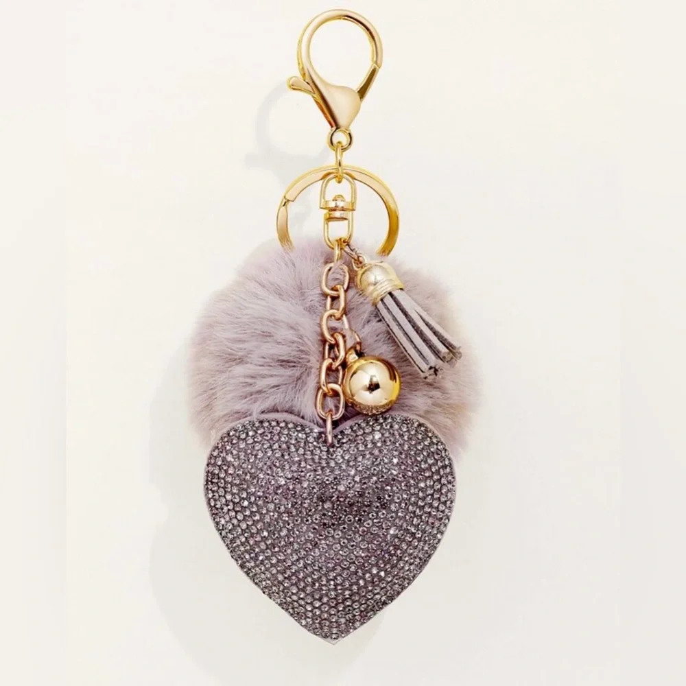 Bag Charm Grey Key Charm Plush Rhinestone Decorated Heart Shaped & Pom Pom